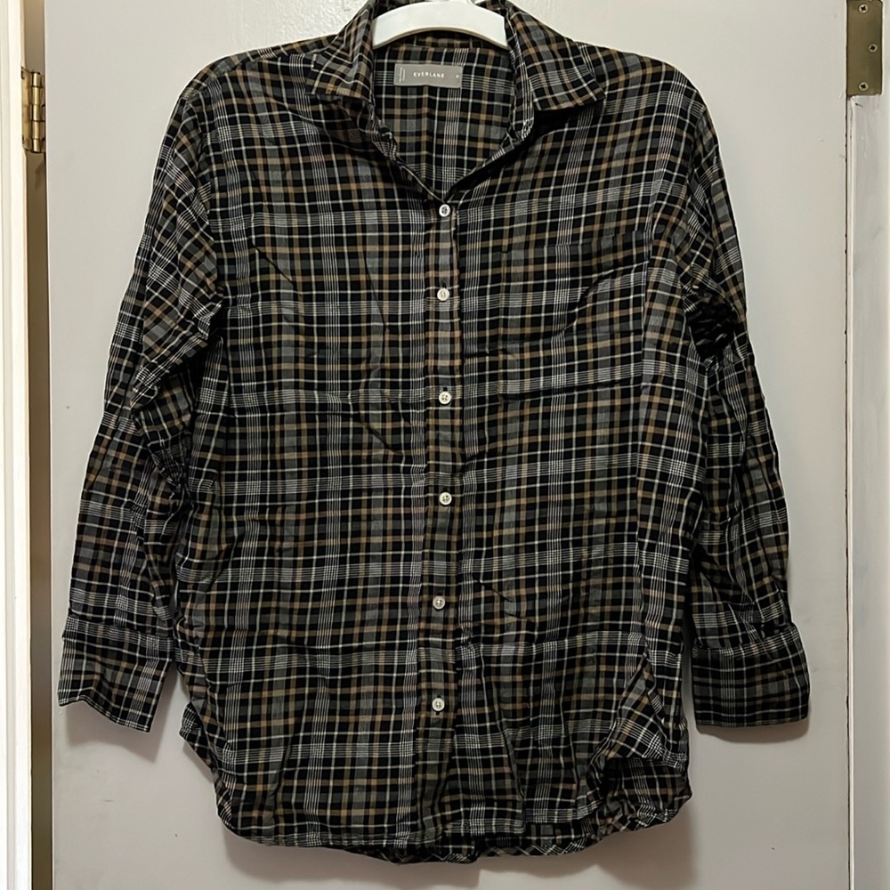 Everlane plaid black and brown 100% cotton button up shirt
